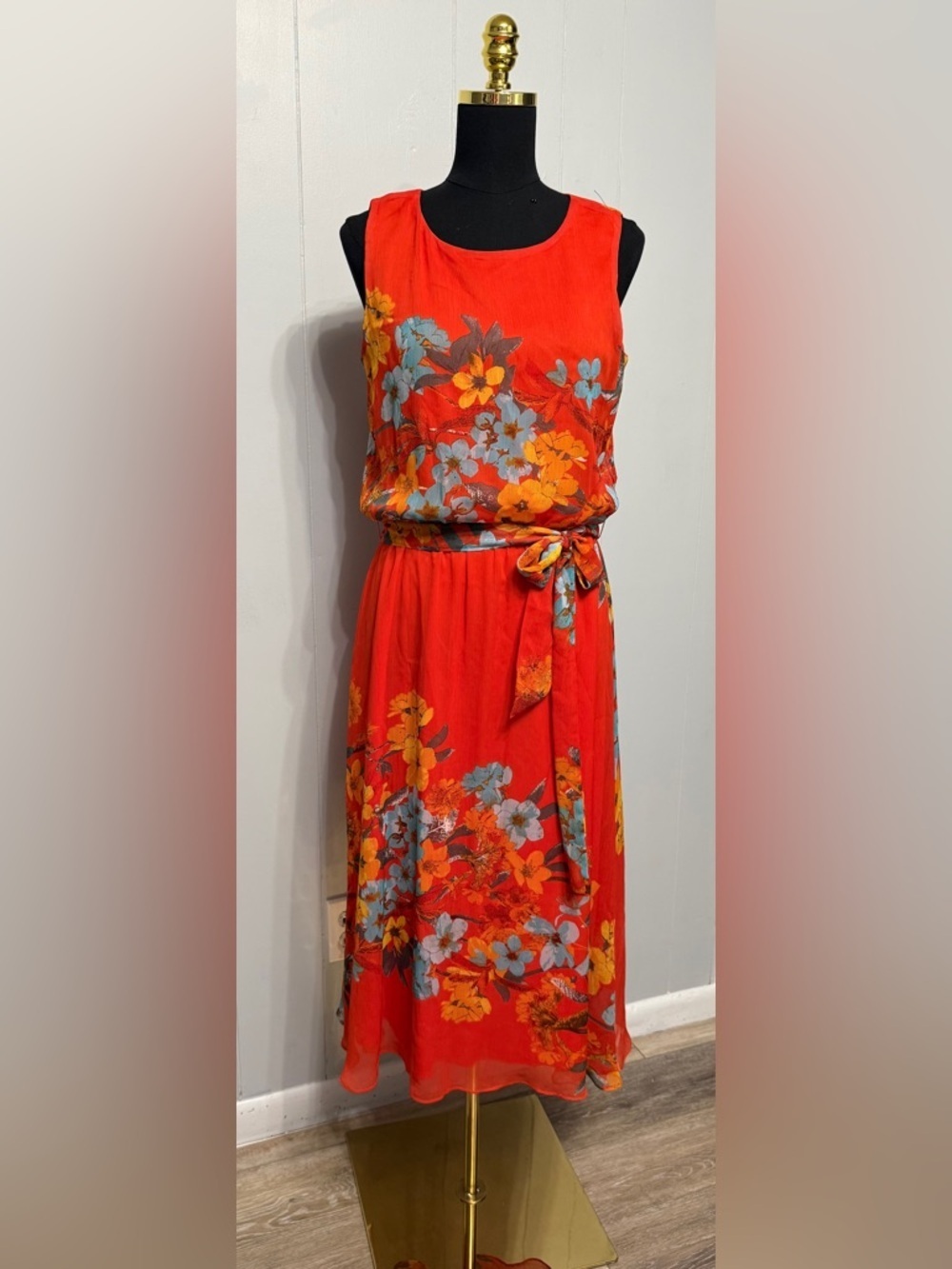 #15)  J.B.S. Orange-Red Floral Sleeveless Midi Dress with Self Tie